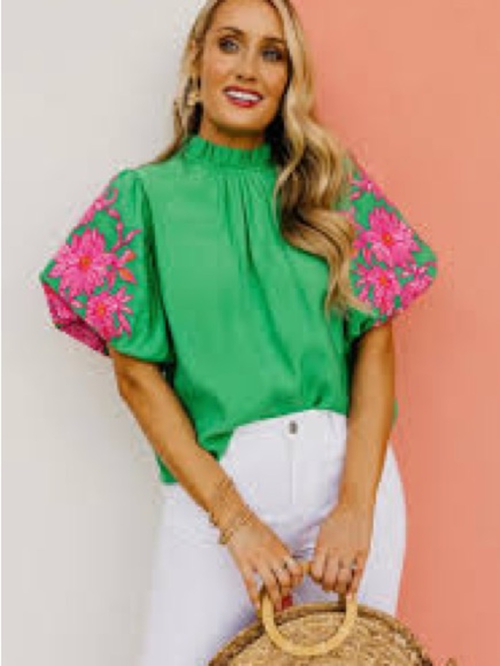 THML Green Puff Sleeve Blouse with Pink Floral Embroidery